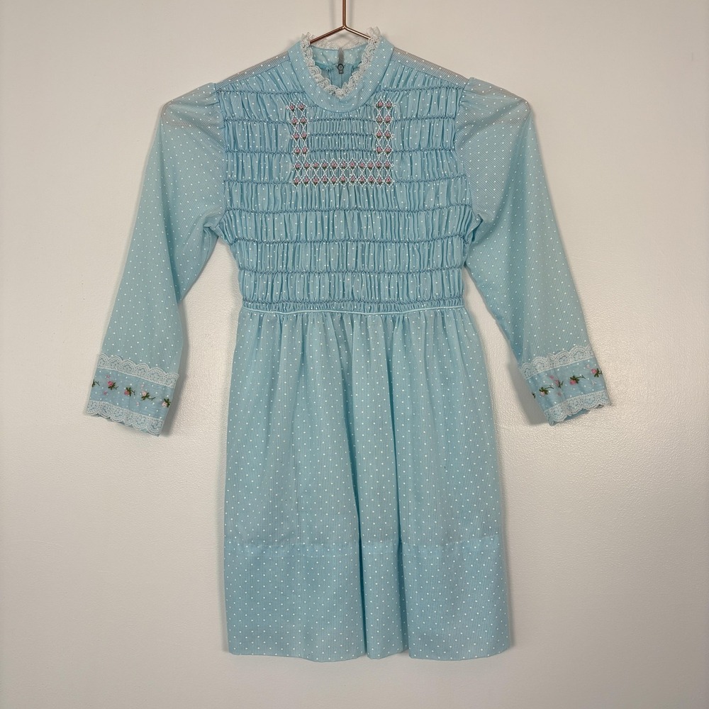 Vintage Polly Flinders Dress Girls 8 Blue Polka Dot Smocked Lace Party Formal